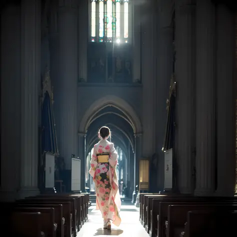 A beautiful teenage slender girl in a traditional kimono of Japan walks inside the dark church of Notre Dame Cathedral in Paris ...