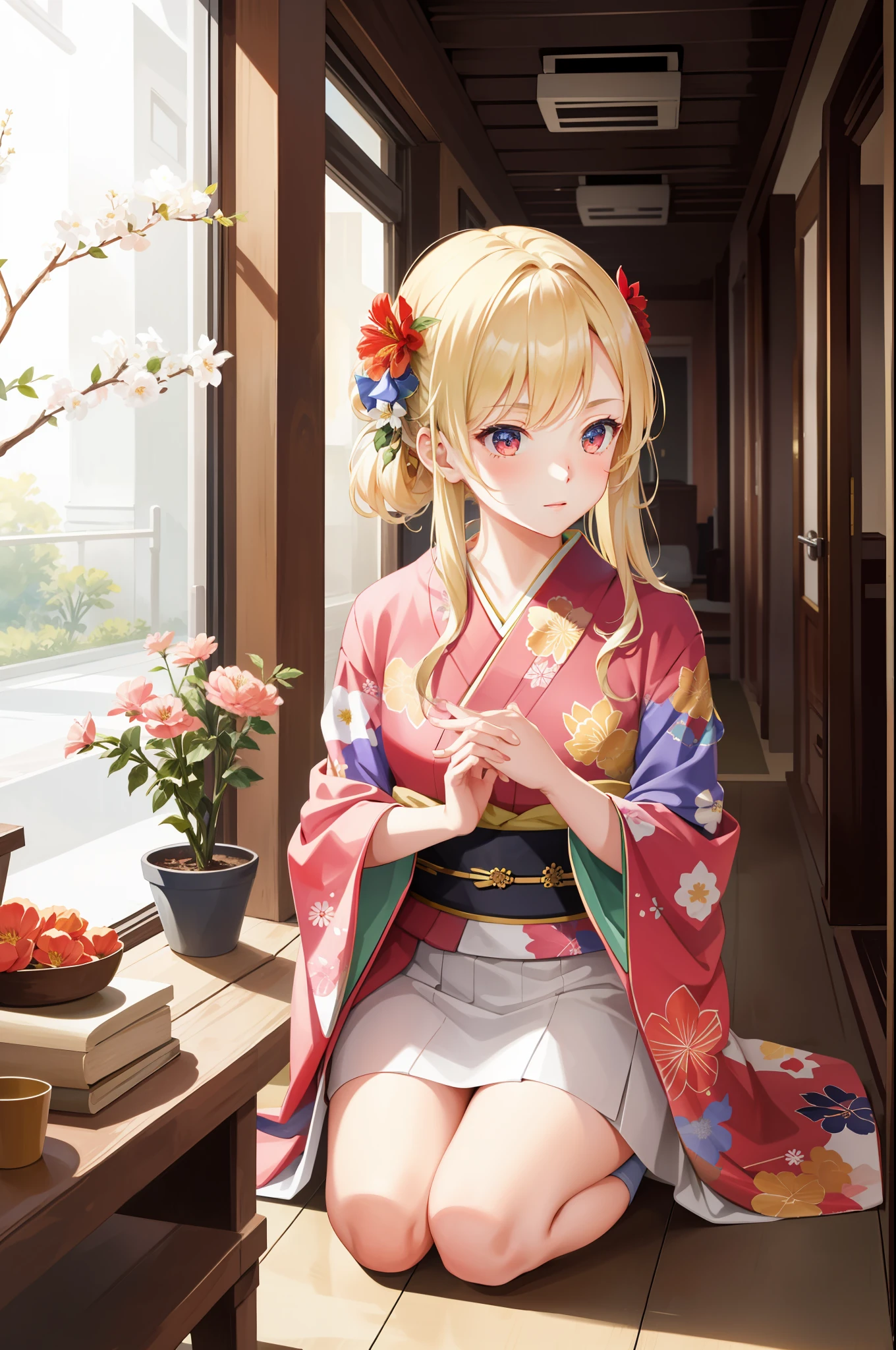 masterpiece, best quality, one girl, solo, kimono, hair flowers, floral, , sitting, hands on their knees, blonde, red eyes