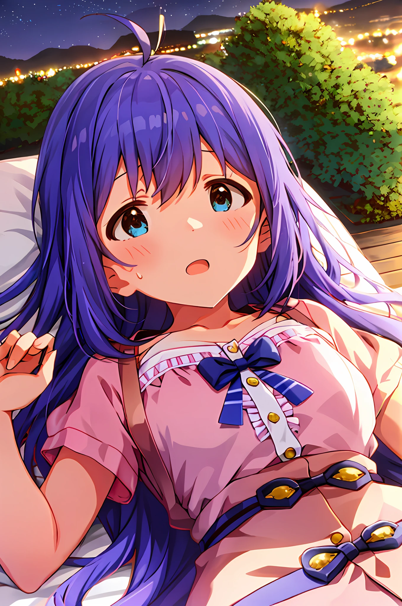 Anna Mochizuki (Million Live), (Top Quality, 8K, Masterpiece, Super Detail: 1.2), 1 Girl, Suspender Clothes.Skirt.Blushing, Clavicle, Bow, Ribbon, Blue Bow.Night.Night View.Outdoors.Lying Down.Despair Face.Sweat.Open Mouth.