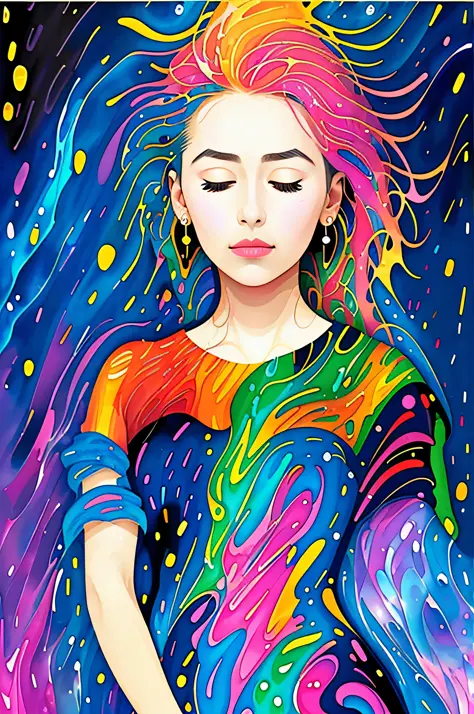 masterpiece, best quality, (2d minimalist vector illustration), 1girl, beautiful woman, closed eyes, colorful, (gustav klimt ble...