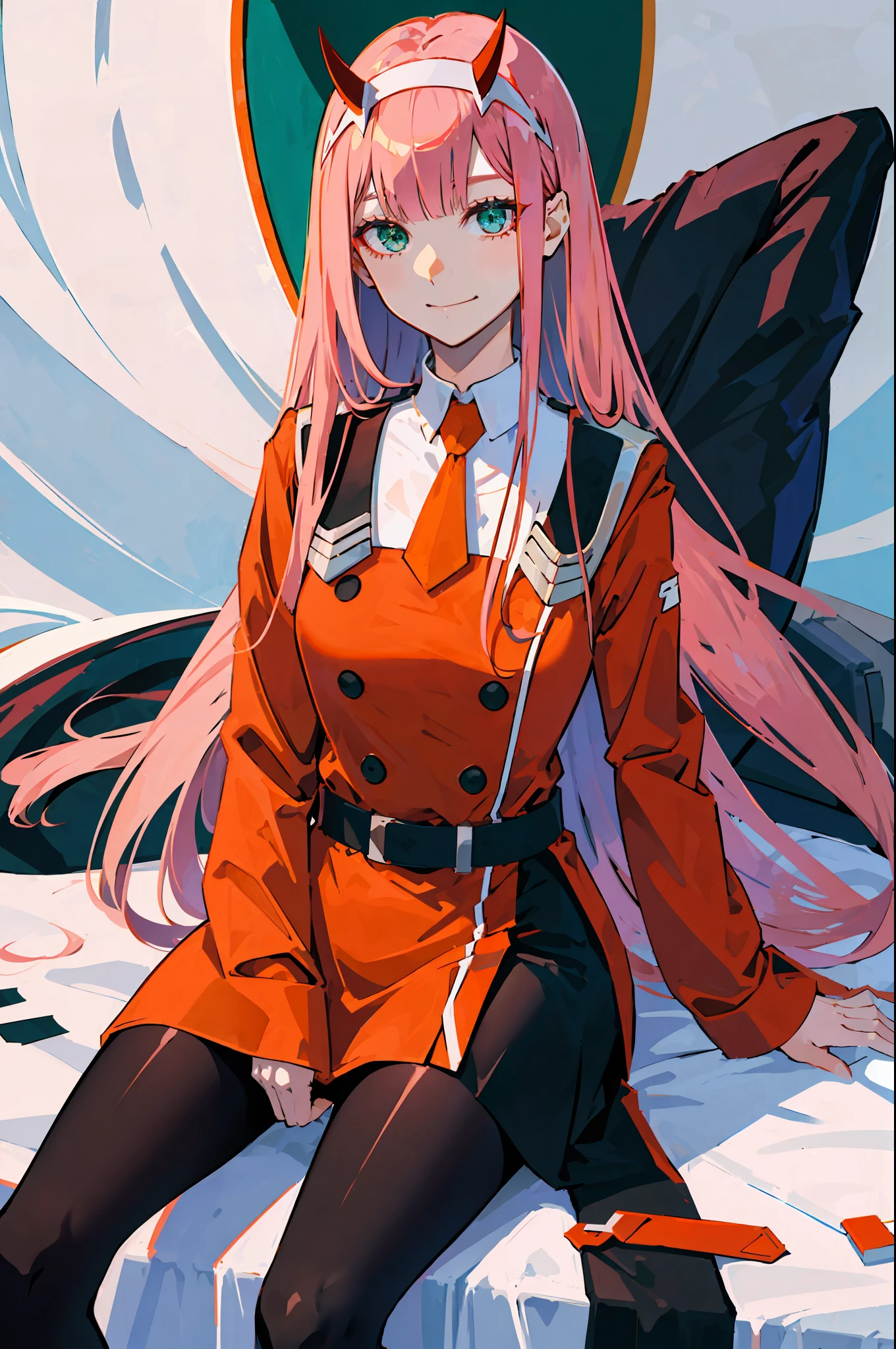 zero two \(darling in franxx\), darling in franxx, 1woman, smiling, sitting, bangs, biting, shadow, green eyes, hair behind head, horns, long hair, makeup, small breasts, red dress, orange tie, black buttons, belt, pantyhose, big thighs, pink hair, red eyeshadow, detailed background, bedroom, home, bed