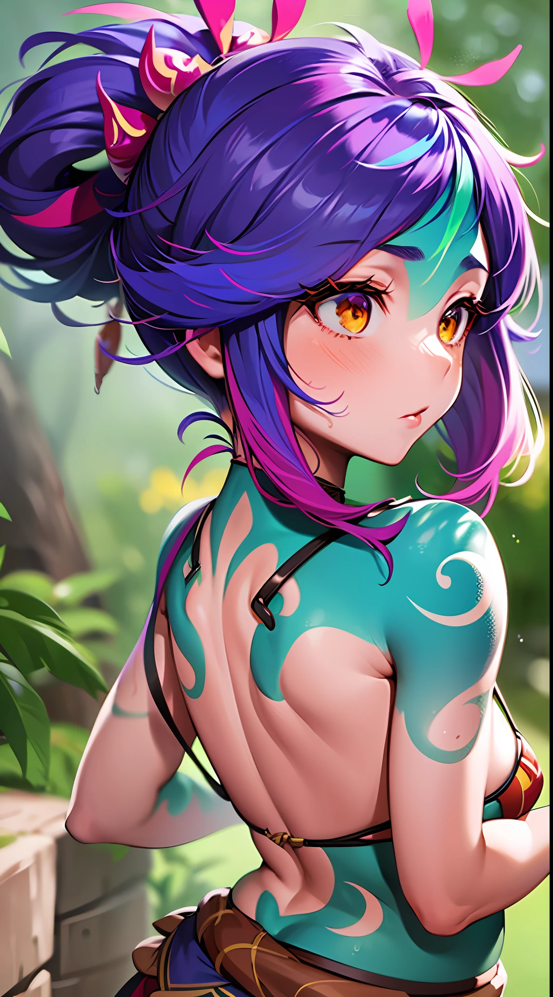 1girl, masterpiece, best quality, full medium shot, brown ponytail, red micro-bikini, (behind sight, butt), (sweaty: 1.3), (cum on butt: 1.2), (all four position), 1girl, neeko, x hair ornament, sexy body, agitated, small breasts, thin waist, large thighs, purple hair,