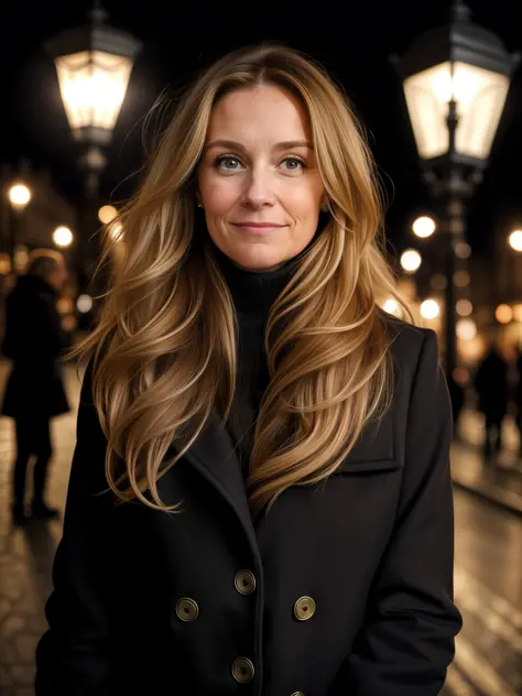 closeup of a 33-year-old woman, long light brown hair with blonde tips, against the wind, dress in cold clothing, luxurious coat...