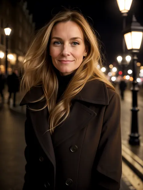 closeup of a 33-year-old woman, long light brown hair with blonde tips, against the wind, dress in cold clothing, luxurious coat...