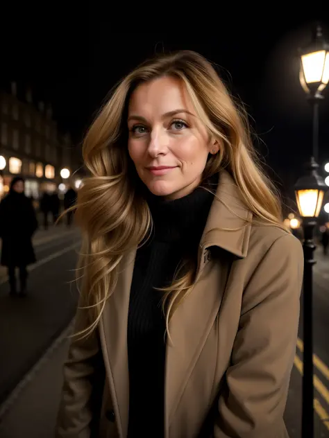 closeup of a 33-year-old woman, long light brown hair with blonde tips, against the wind, dress in cold clothing, luxurious coat...