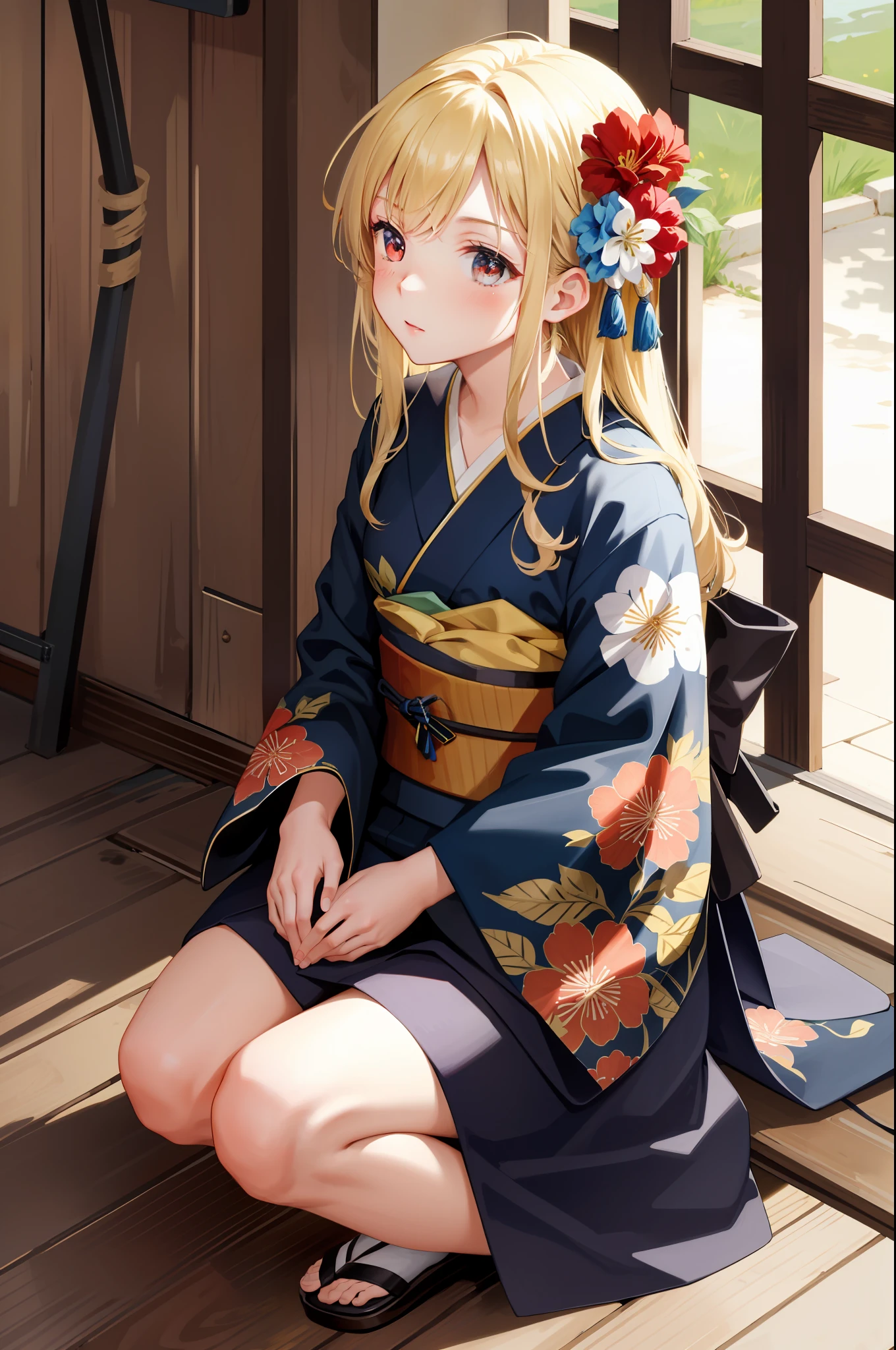 masterpiece, best quality, one girl, solo, kimono, hair flowers, floral, , sitting, hands on their knees, blonde, red eyes