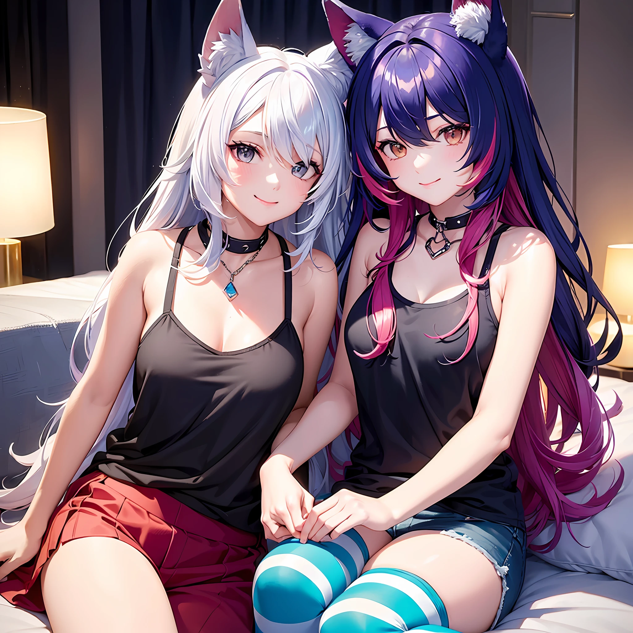 Close up, upper body, 1 girl, smile, wolf ears, wolf tail, random eyes: 10, hair between eyes, split color hair: 5, (((Colorful hair color: 1))))), (((Random hair color: 1)))), Colorful hairstyle: 5, Striped hair, Long hair, hair end jewels, (Cute random Cadeza tank top: 5 random hot pants figure in 5A: 15), super luxurious bedroom and cute interior with jewels, AI: 5, (on the bed: 15), sit in, embarrassingly look at the viewer and laugh, blush, night landscape,