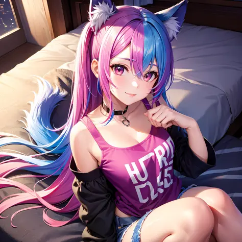 Close-up, upper body, 1 girl, smile, wolf ears, wolf tail, pink eyes, hair between eyes, split color hair: 5, ((((Colorful hair color: 1))))), (((Random hair color: 1)))), colorful hairstyle: 5, striped hair, long hair, hair end jewels, (cute random Cadeza...