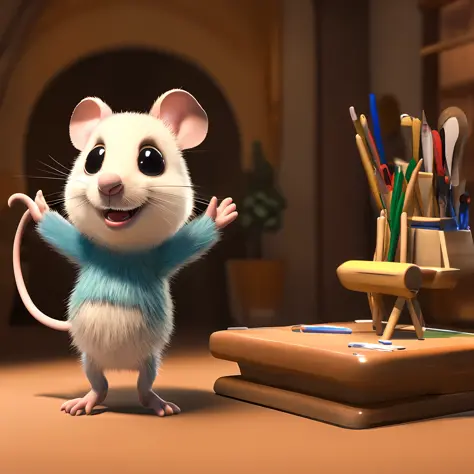 Cute cute little mouse waving and smiling greeting me, Unreal Engine, cozy interior lighting, art station, detailed digital pain...