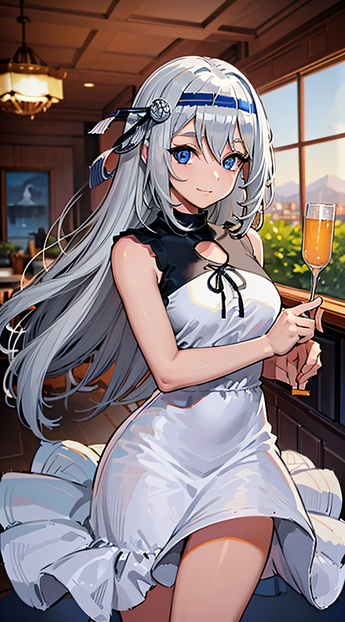 (masterpiece), (best quality), highres, kei1, 1girl, solo, blue eyes, long hair, (wears a white Venezuelan dress), ribbon, bangs, collarbone, (gray hair), black hair band, neck ribbon, hair between eyes, medium breasts, cowboy shot, smile, (anatomically correct full body), this inside a Venezuelan house, detailed full escenario