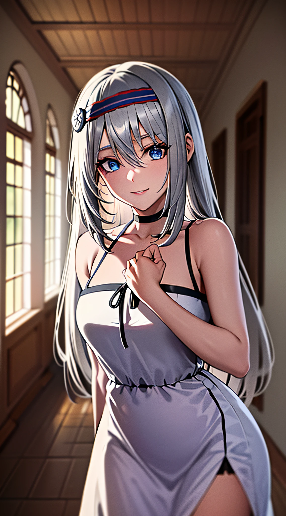 (masterpiece), (best quality), highres, (kei1), 1girl, (111 year old), solo, blue eyes, long hair, (wears a white Venezuelan dress), ribbon, bangs, collarbone, (gray hair), black hair band, neck ribbon, hair between eyes, (medium breasts), cowboy shot, smile, (anatomically correct full body), this inside a Venezuelan house, detailed full escenario