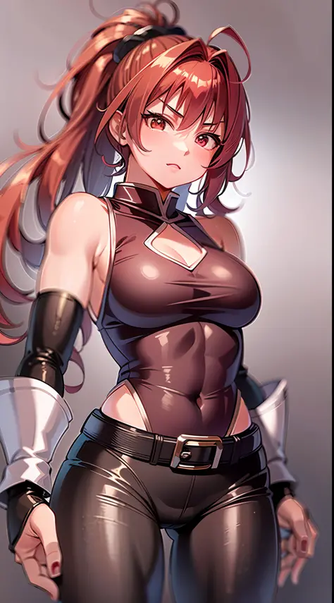 1990s, Only the upper body and head can be seen, Fighting stance, medium hair, high ponytail, red hair, shiny hair, smug, medium_breasts, sleeveless_shirt, pants, dissolving dress, collarbones, background, reference sheet, masterpiece, best quality, ultra-...