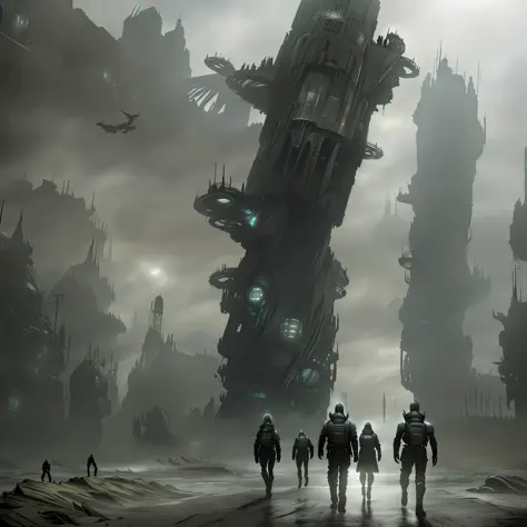 people walking in a foggy area with a tall structure in the background, digital concept art of dystopian, dystopian scifi apocal...