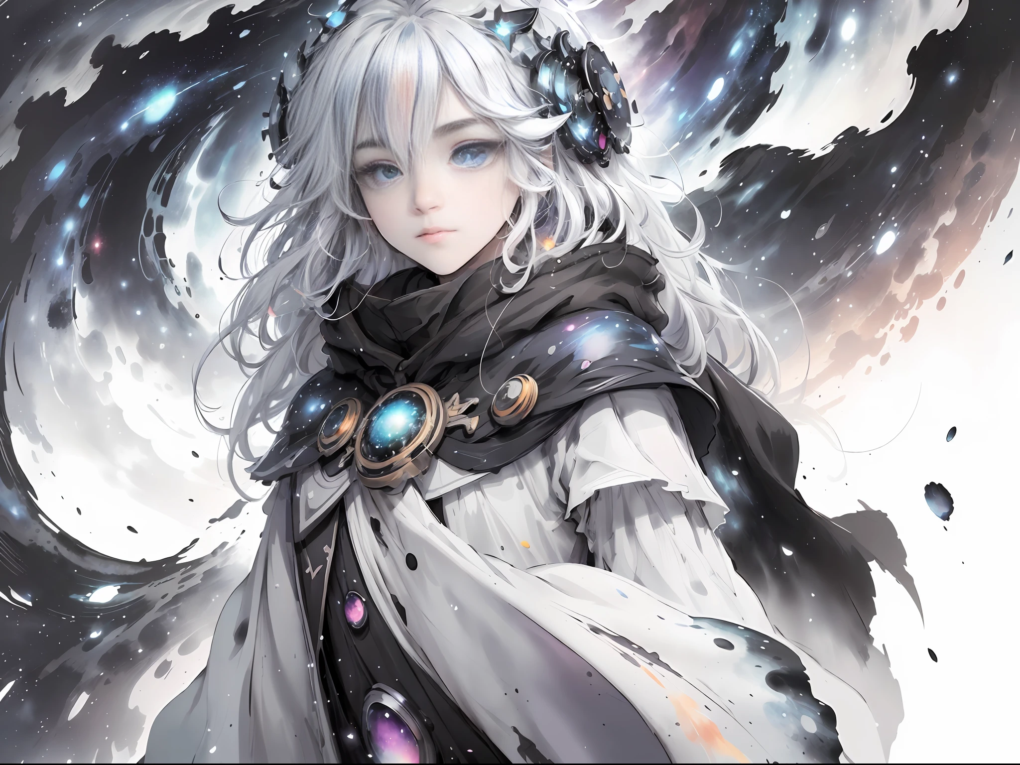 ((masterpiece)), (((best quality))), ((ultra-detailed)), ((illustration)),[realism light effect],shadow,(Fantasy style),(white background:1.6), simple background, (earth theme),(a cloak)[(hair focus,((1girl)),[(big slime hair): (cloud hair):0.3], (hair on background),(high saturation),(hair surrounded by galaxy splashes),)):((her hair is becoming galaxy clouds,:1.27628), (hair and clothes is galaxy clouds and cluster of stars:1.1025),(a cloak is becoming galaxy clouds)(colorful_galaxy_print_clusters_of_stars_print:1.35),((detailed starry sky with colorful galaxy and galaxy clouds):1.2)):0.35], (((masterpiece))),(((best quality))),((ultra-detailed)),(illustration),(dynamic angle),((floating)),(paint),((disheveled hair)),((beautiful detailed face)),collar,bare shoulders, ((colorful hair)),((streaked hair)),beautiful detailed eyes,(Gradient color eyes),(((colorful eyes))),(((colorful background))),(((high saturation))),(((surrounded by colorful splashes))),(((surrounded by colorful dot))),colorful bubble,((shining)),