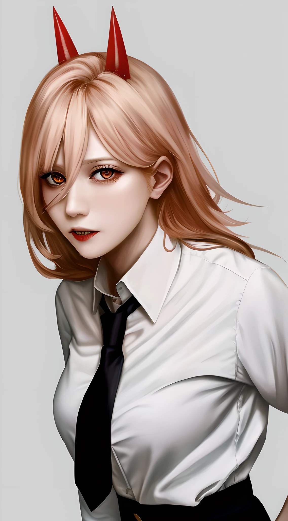 1woman, portrait, (power_\(chainsaw_man\)), blonde hair, red demon horns:.7, orange eyes, sharp teeth, medium_breasts, white collared_shirt, black pants, black necktie, simple background, standing, red cross-shaped_pupils,