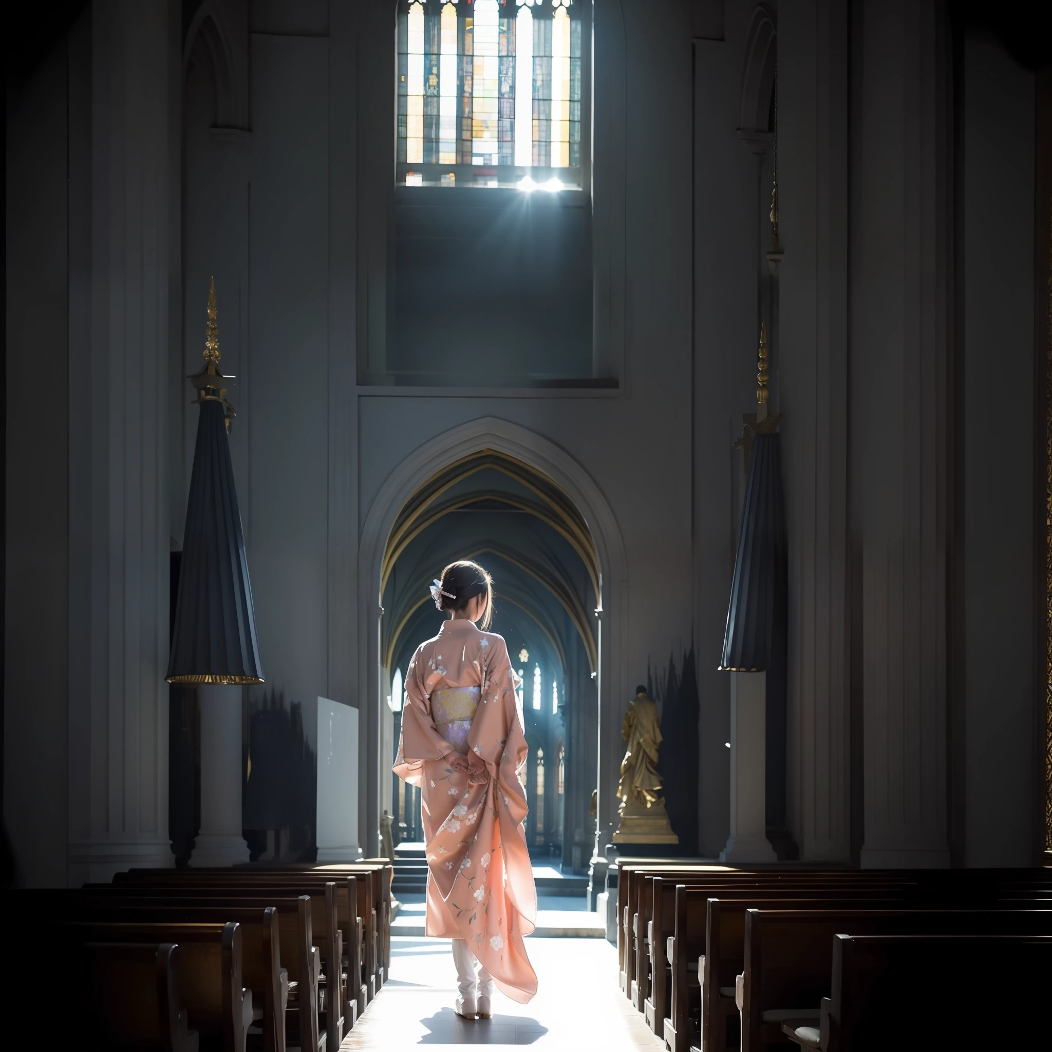 A beautiful teenage slender girl in a traditional kimono of Japan walks inside the dark church of Notre Dame Cathedral in Paris rendered in so detail. She has her back to me and I can't see her face. The floor beneath her feet shines beautifully reflecting the afternoon light. Her shadow stretches towards us. She is heading for the exit. Her garments shine beautifully in the afternoon light shining through the church's skylight. The kimono is translucent and transmits light, creating a projection on the floor. The kimono is traditional yet colorful, with a refined thin fabric and a soft fabric. Small breasts, Best quality, Realistic, Photorealistic, Best quality, Masterpiece, Very delicate and beautiful, Very detailed, Fine detail, Ultra detail, High resolution, Very detailed, Realistic, Ultra high definition, Best quality, Ultra high definition, High quality textures