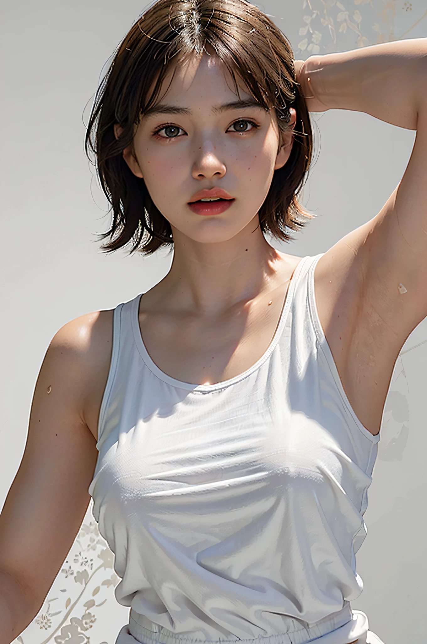 (Ultra Real), (Illustration), (High Resolution), (8K), (Very Detailed), (Best Illustration), (Beautiful Detailed Eyes), (Best Quality), (Ultra Detailed), (Masterpiece), (Wallpaper), (Detailed Face), Droopy Eyes, Sweaty, Upper Body Up, Armpits, Short Hair, Inner Color, Solo, Simple White Tank Top Girl, Japan Person, Big , (Camel Toe)