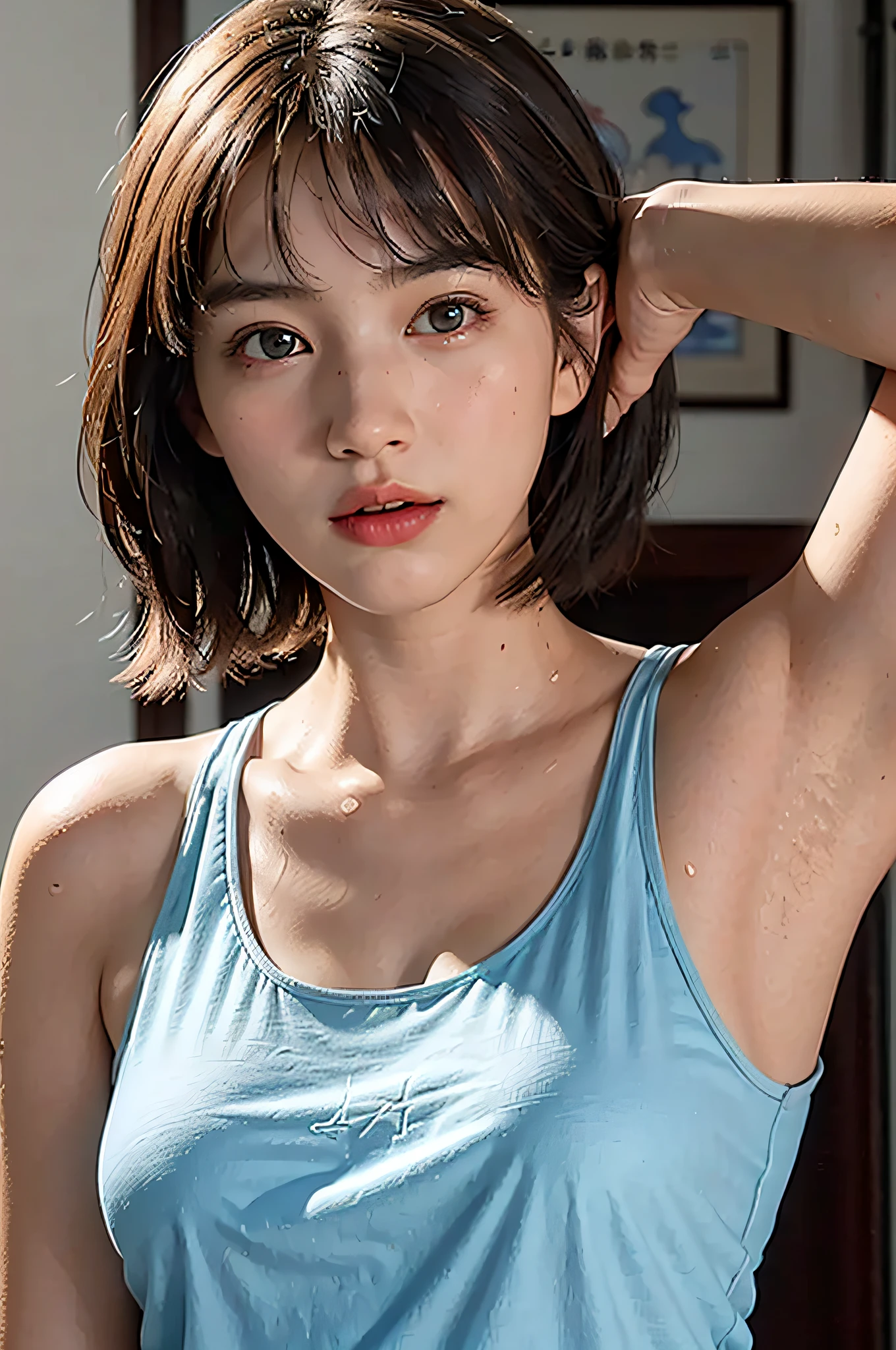 (Ultra Real), (Illustration), (High Resolution), (8K), (Very Detailed), (Best Illustration), (Beautiful Detailed Eyes), (Best Quality), (Ultra Detailed), (Masterpiece), (Wallpaper), (Detailed Face), Droopy Eyes, Sweaty, Upper Body Up, Armpits, Short Hair, Inner Color, Solo, Simple Light Blue Girl in Tank Top, Japan Person, Big Tits, (Camel Toe)