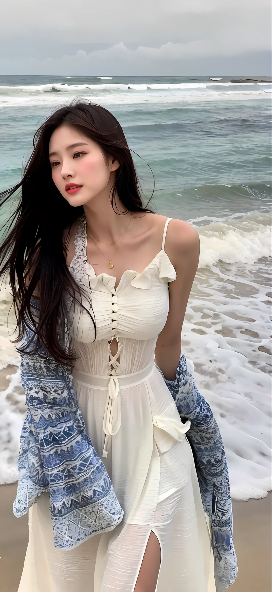 (Masterpiece), (Best Quality), (detailed), 1 girl, 22 years old, playful expression, big breasts, bare breasts, bikini, long hair, beautiful, natural, exposed, intellectual, on the beach near the ocean, Jaeyeon Nam in a white dress walking, beautiful young Korean woman, graceful posture, light sun, free and free, a fashion model who is acclaimed in the Asian women's fashion industry, she walks lightly on the beach, The beautiful temperament of an Asian girl is vividly displayed, interpreting the charm and style of Asian women.