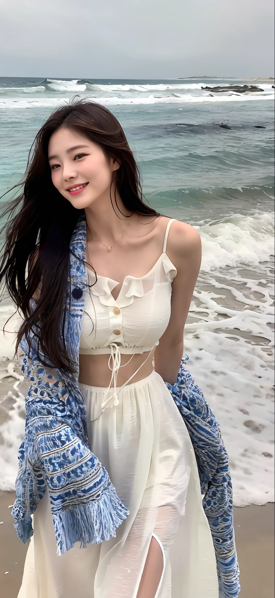 A woman in a white dress standing on a beach next to the ocean - SeaArt AI