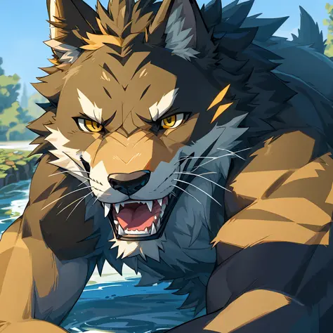 ^w^, solo,  furry, wolf features, sabertooth features:1.3, alligator features:1.3,