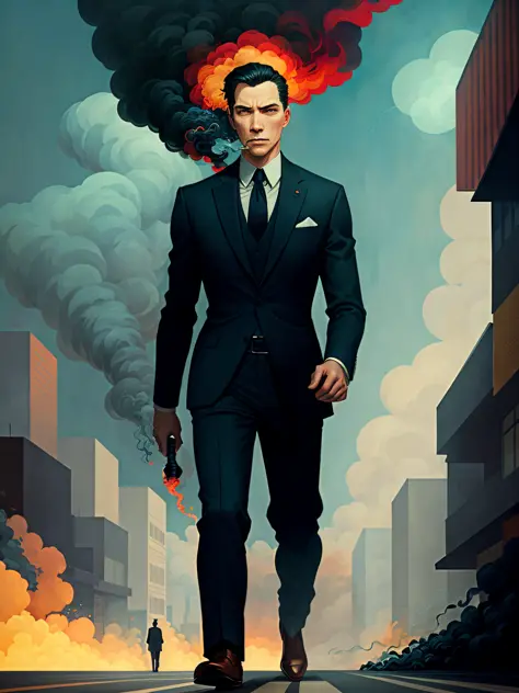 a man in a suit is walking down the street with smoke coming out of his mouth by victo ngai