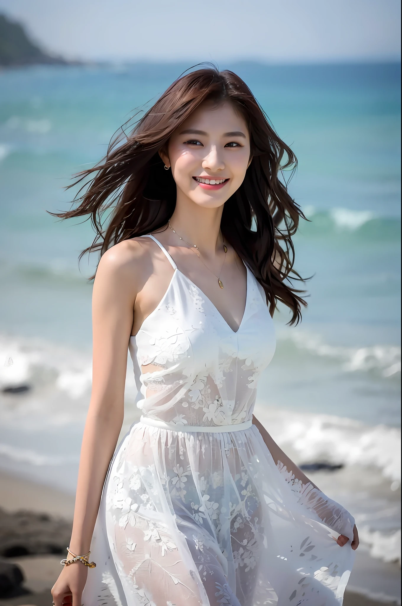 (Meisterwerk), (beste Qualität), (ausführlich), 1 Mädchen, 22 Jahre alt, spielerischer Ausdruck, Große Brüste, Nackten Brüste, Bikini, lange Haare, Schön, natürlich, Ausgesetzt, lächelnd, am Strand in der Nähe des Ozeans, Jaeyeon Nam geht in einem weißen Kleid spazieren, Schön young Korean woman, anmutige Haltung, Sonnenschein weht, frei, ein Model, das in der asiatischen Damenmodebranche anerkannt ist, Sie geht leichtfüßig am Strand entlang, The Schön temperament of an Asian girl is vividly displayed, Interpretation des Charmes und Stils asiatischer Frauen.