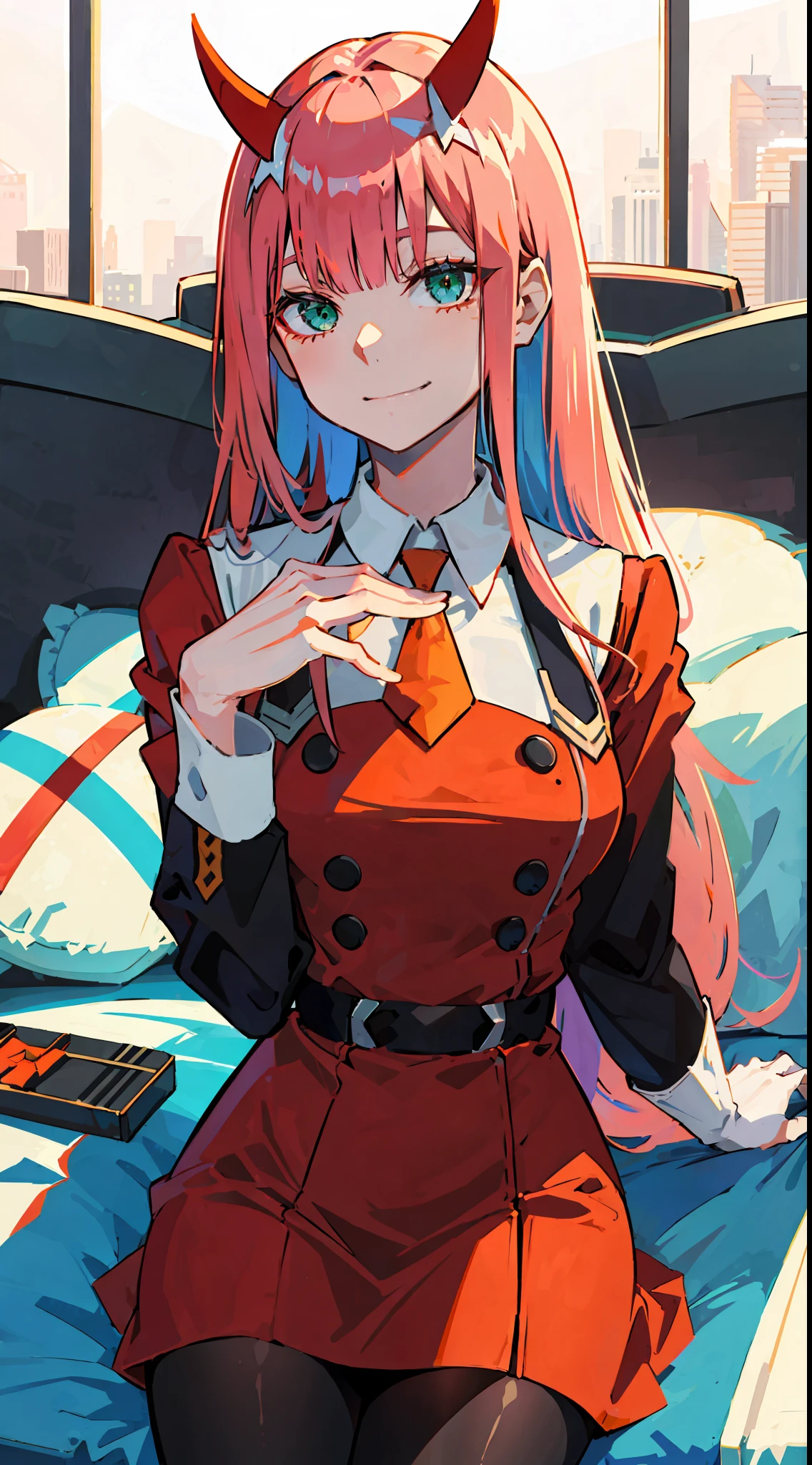 zero dois \(querido em franxx\), querido em franxx, 1 mulher, sorridente, sentado, franja, mordendo, sombra, olhos verdes, cabelo atrás da cabeça, chifres, cabelo longo, Inventar, seios pequenos, vestido vermelho, gravata laranja, botões pretos, cinto, meia calça, Coxas grandes, cabelo rosa, red eyesombra, fundo detalhado, cama, camaroom