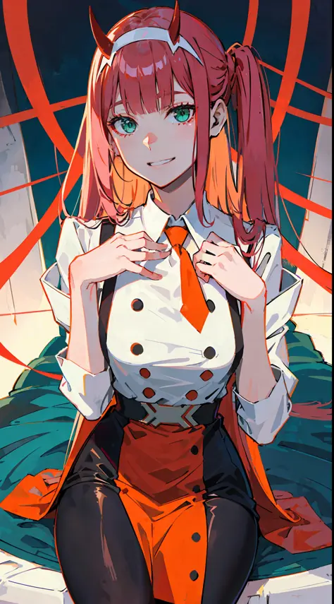 zero two \(darling in franxx\), darling in franxx, 1woman, smiling, sitting, bangs, biting, shadow, green eyes, hair behind head...