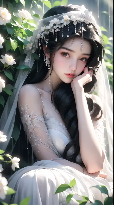 1 girl, full body photo, black hair, flowing hair, hazy beauty, extremely beautiful facial features, white embroidered dress, hairpins on her head, lying in a flower bush, hand dragging chin, perfect hand, white flower, (spring, rainy day, terraces, mounta...