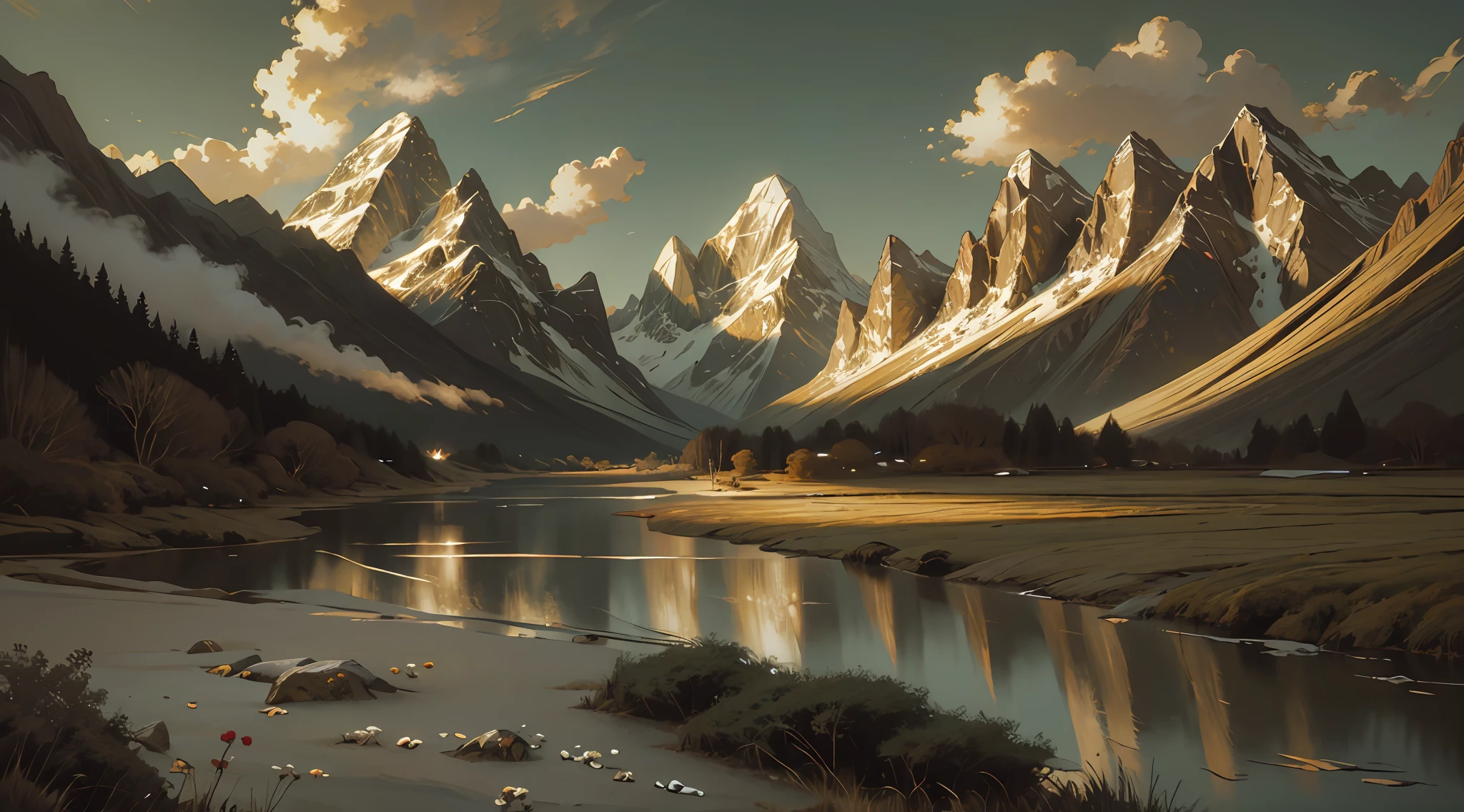 Painting mountain landscape with river and flowers, valley, lush valley, fantasy landscape painting, painting landscape, valley, landscape artwork, landscape art detailed, in the valley, detailed soft painting, mountainside, detailed 4K painting, epic landscape, oil painting concept art, mountain river, landscape painting