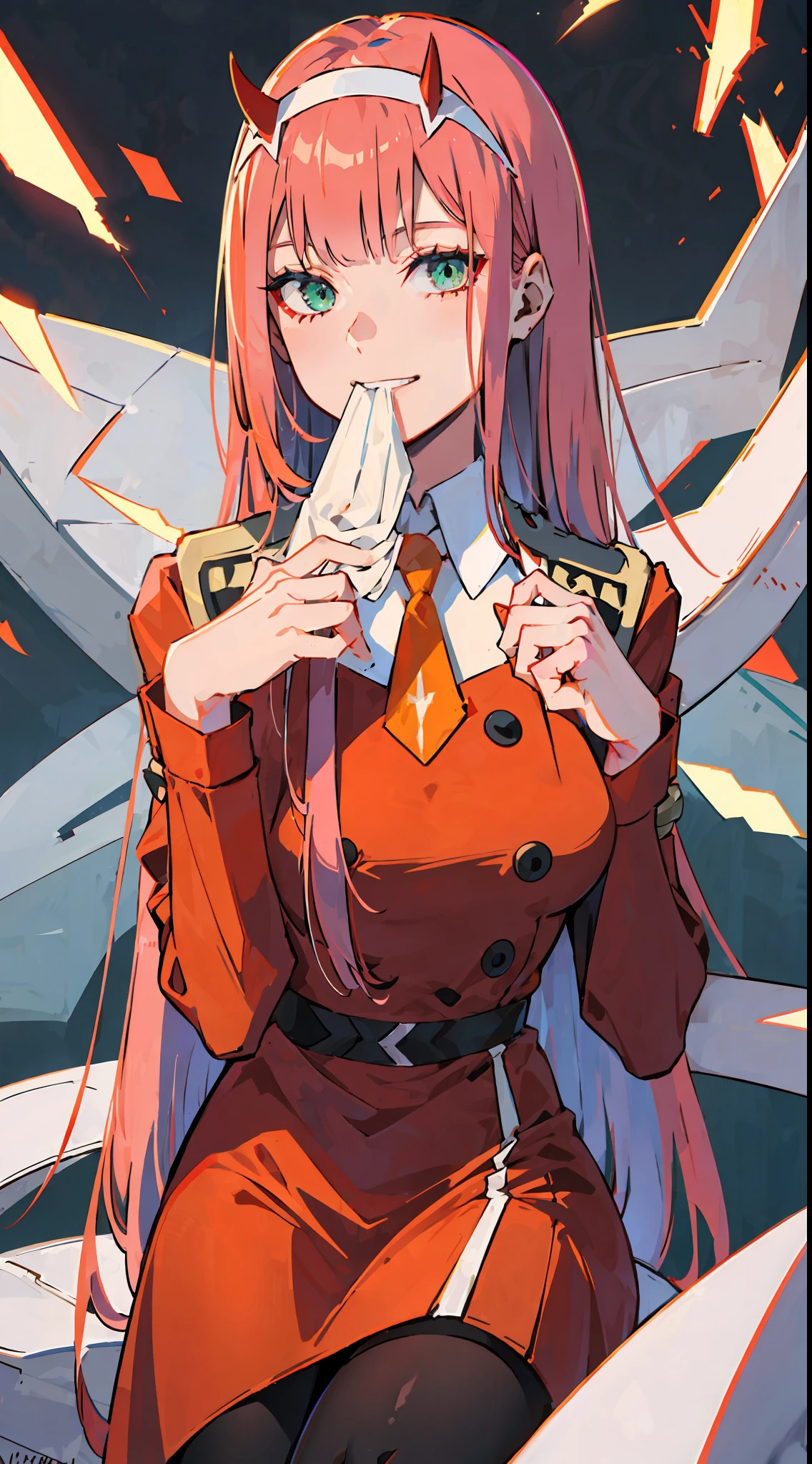 zero two \(darling in franxx\), darling in franxx, 1woman, smiling, sitting, bangs, biting, shadow, green eyes, hair behind head, horns, long hair, makeup, small breasts, red dress, orange tie, black buttons, belt, pantyhose, big thighs, pink hair, red eyeshadow, detailed background, bed, bedroom