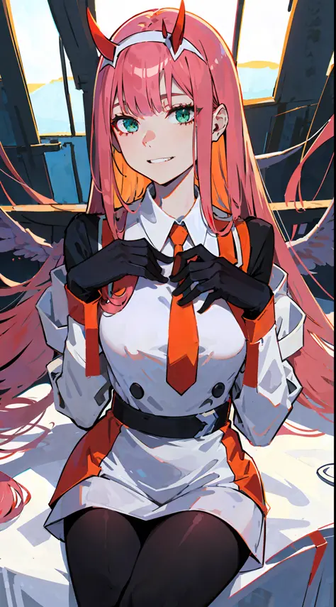 zero two \(darling in franxx\), darling in franxx, 1woman, smiling, sitting, bangs, biting, shadow, green eyes, hair behind head...