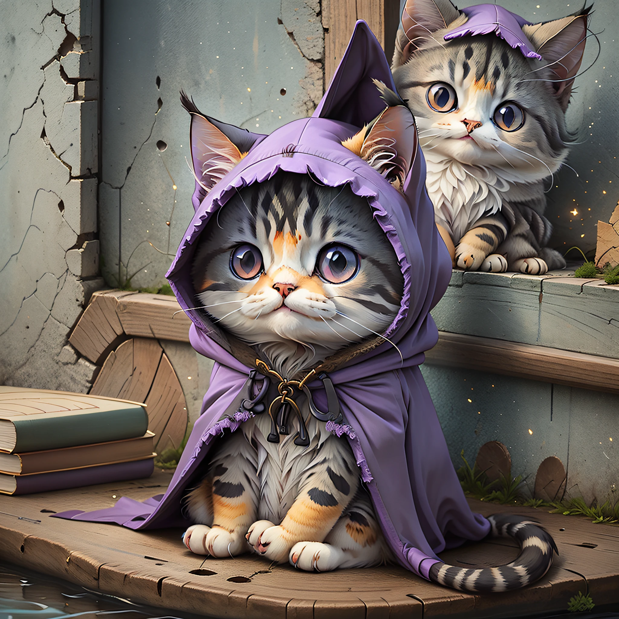 짙은 보라색 망토를 입은 마법사로 분장한 고양이의 귀여운 만화 스티커