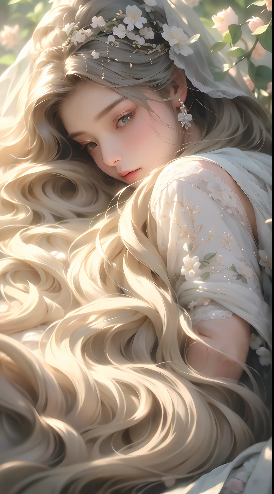 1 girl, full body photo, flaxen hair, flowing hair, hazy beauty, extremely beautiful facial features, white embroidered dress, hairpin on head, lying in a flower bush, hand dragging chin, perfect hand, camellia, (spring, rainy day, butterfly, cliff), simple vector art, contemporary Chinese art, soft light, entangled scarf, looking down