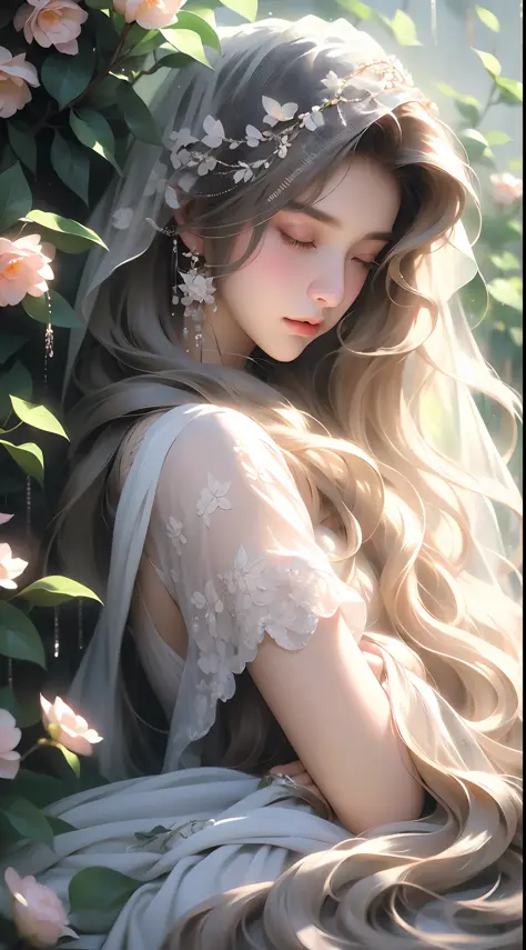 1 girl, full body photo, flaxen hair, flowing hair, hazy beauty, extremely beautiful facial features, white embroidered dress, hairpin on head, lying in a flower bush, hand dragging chin, perfect hand, camellia, (spring, rainy day, butterfly, cliff), simpl...