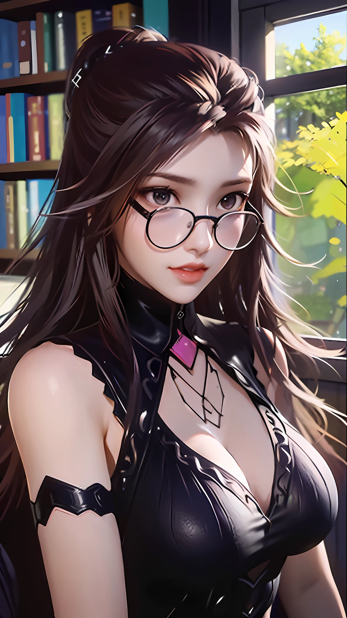 (character details + style) female teacher, (detail) half-body, holding glasses frames, (lens effect + lighting + scene) light and shadow interlaced, by the window, the sun is warm, bookshelves are dazzling, students' desks are scattered with teaching stationery and textbooks, classroom air is fresh, black JK