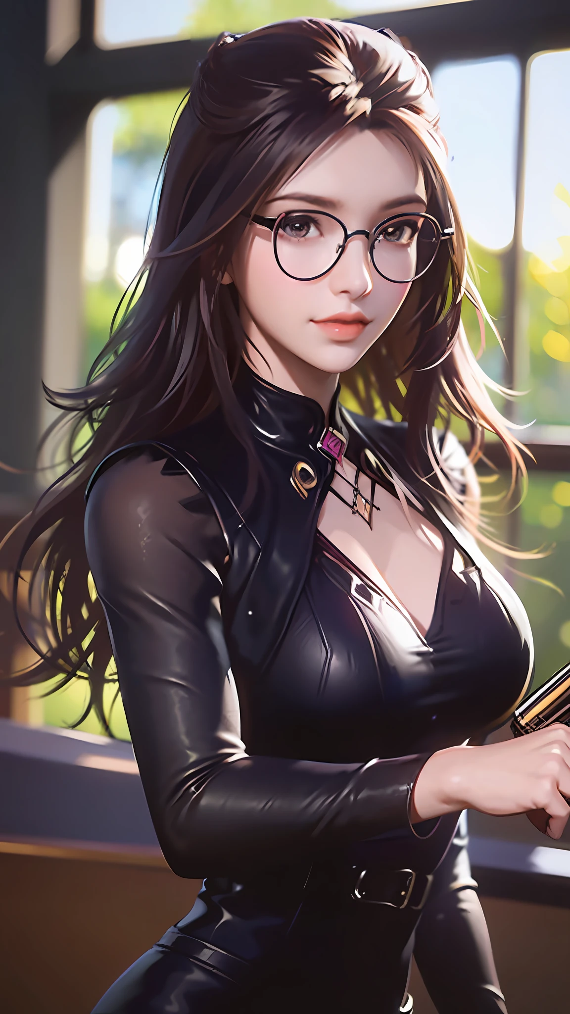 (character details + style) female teacher, (detail) half-body, holding glasses frames, (lens effect + lighting + scene) light and shadow interlaced, by the window, the sun is warm, bookshelves are dazzling, students' desks are scattered with teaching stationery and textbooks, classroom air is fresh, black JK