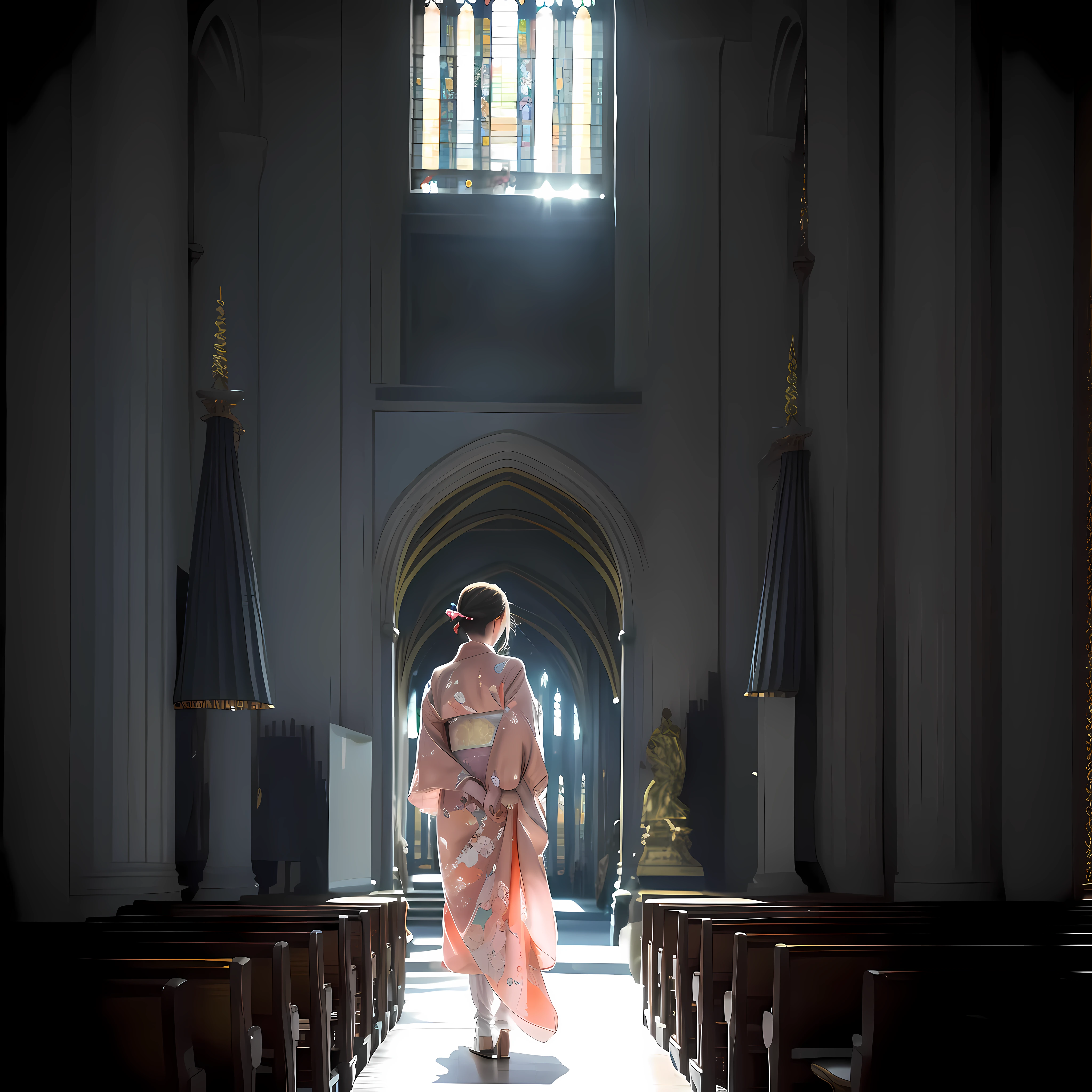 A beautiful teenage slender girl in a traditional kimono of Japan walks inside the dark church of Notre Dame Cathedral in Paris rendered in so detail. She has her back to me and I can't see her face. The floor beneath her feet shines beautifully reflecting the afternoon light. Her shadow stretches towards us. She is heading for the exit. Her garments shine beautifully in the afternoon light shining through the church's skylight. The kimono is translucent and transmits light, creating a projection on the floor. The kimono is traditional yet colorful, with a refined thin fabric and a soft fabric. Small breasts, Best quality, Realistic, Photorealistic, Best quality, Masterpiece, Very delicate and beautiful, Very detailed, Fine detail, Ultra detail, High resolution, Very detailed, Realistic, Ultra high definition, Best quality, Ultra high definition, High quality textures