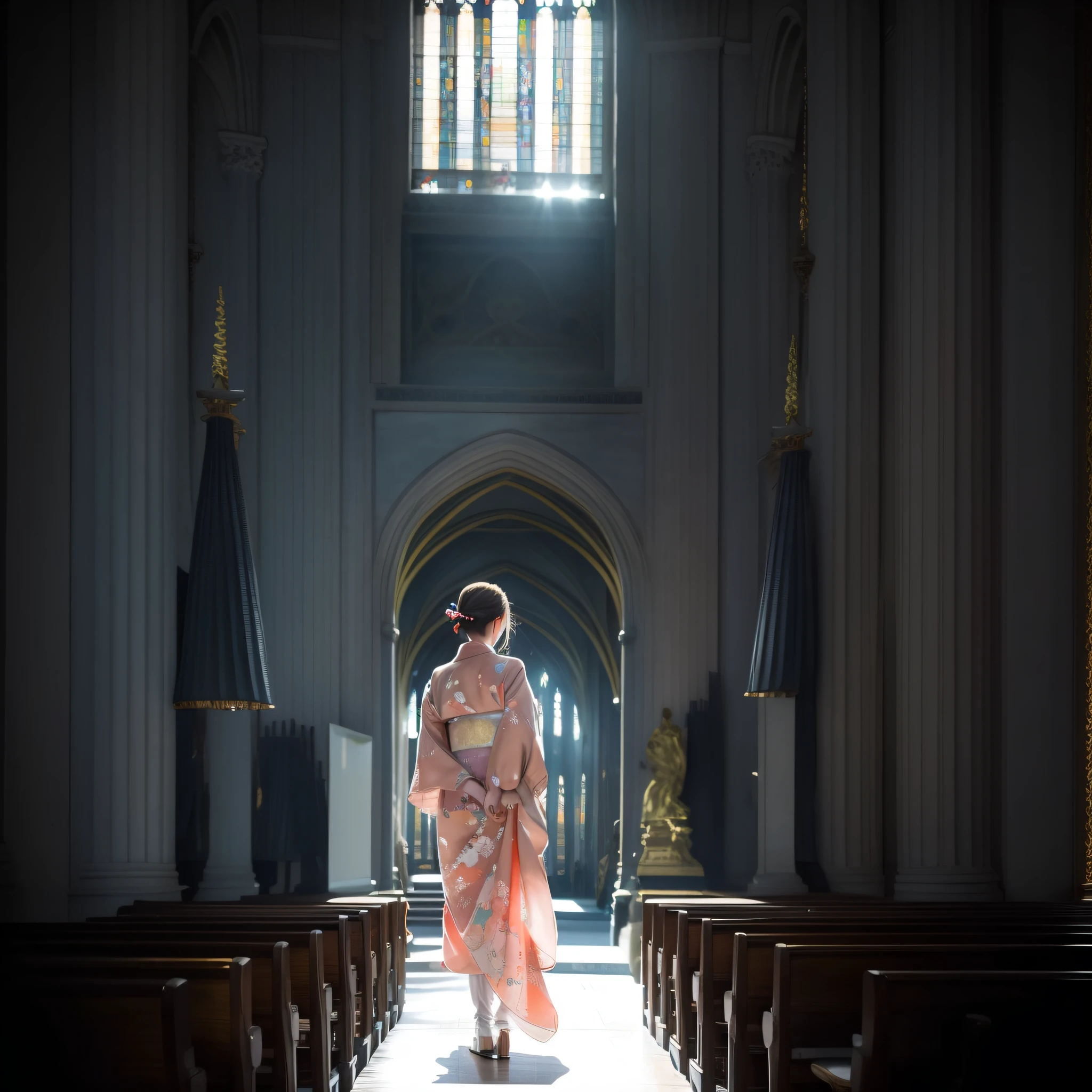 A beautiful teenage slender girl in a traditional kimono of Japan walks inside the dark church of Notre Dame Cathedral in Paris rendered in so detail. She has her back to me and I can't see her face. The floor beneath her feet shines beautifully reflecting the afternoon light. Her shadow stretches towards us. She is heading for the exit. Her garments shine beautifully in the afternoon light shining through the church's skylight. The kimono is translucent and transmits light, creating a projection on the floor. The kimono is traditional yet colorful, with a refined thin fabric and a soft fabric. Small breasts, Best quality, Realistic, Photorealistic, Best quality, Masterpiece, Very delicate and beautiful, Very detailed, Fine detail, Ultra detail, High resolution, Very detailed, Realistic, Ultra high definition, Best quality, Ultra high definition, High quality textures