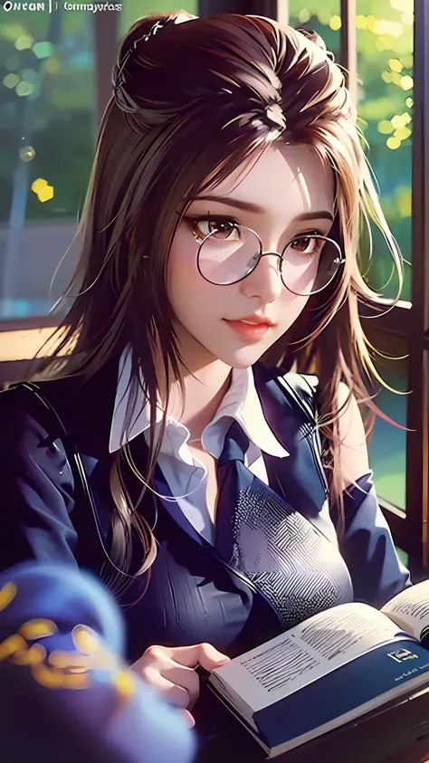 (character details + style) female teacher, (details) half-body, holding glasses frames, (lens effect + lighting + scene) light ...