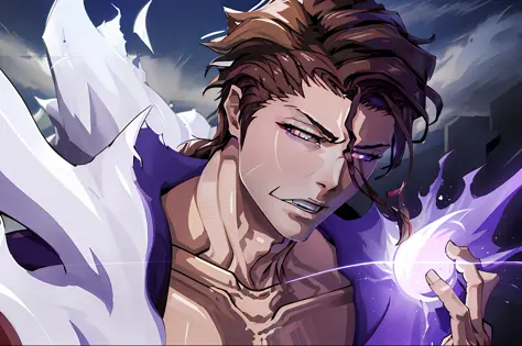 (masterpiece, best quality:1.2),1boy,solo,(Sōsuke Aizen),close up,badass pose,bleach, powerful aura, purple aura,8k,64k, HD, unp...