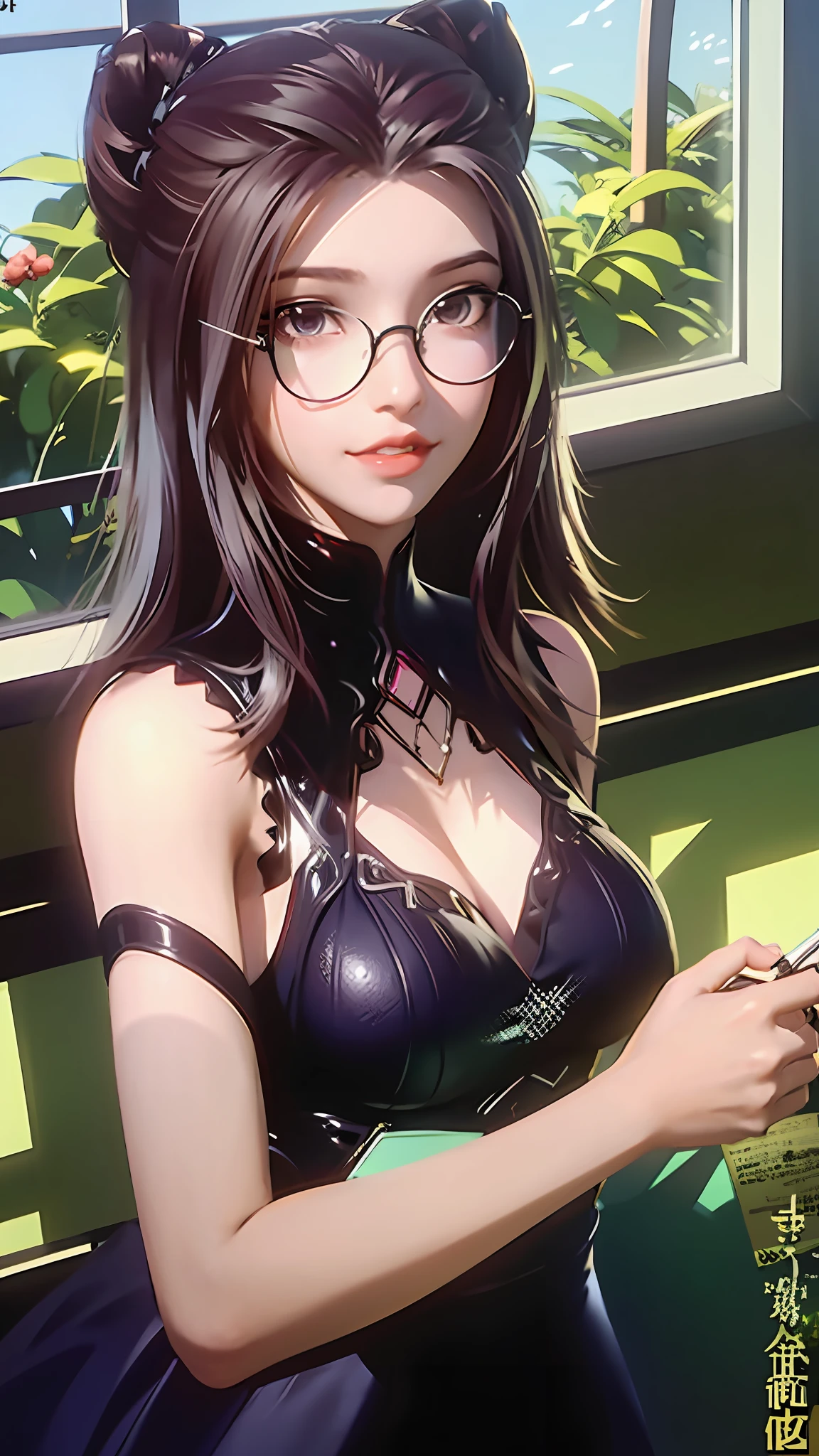 (character details + style) female teacher, (details) half-body, holding glasses frames, (lens effect + lighting + scene) light and shadow interlaced, by the window, the sun is warm, flowers are green, bookshelves are dazzling, students' desks are scattered with teaching stationery and textbooks, and the classroom air is fresh.
