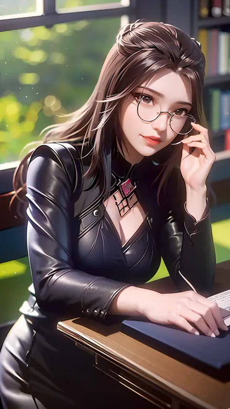 (character details + style) female teacher, (details) half-body, holding glasses frames, (lens effect + lighting + scene) light and shadow interlaced, by the window, the sun is warm, flowers are green, bookshelves are dazzling, students' desks are scattere...