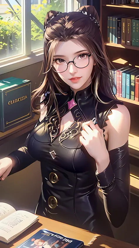 (character details + style) female teacher, (details) half-body, holding glasses frames, (lens effect + lighting + scene) light ...