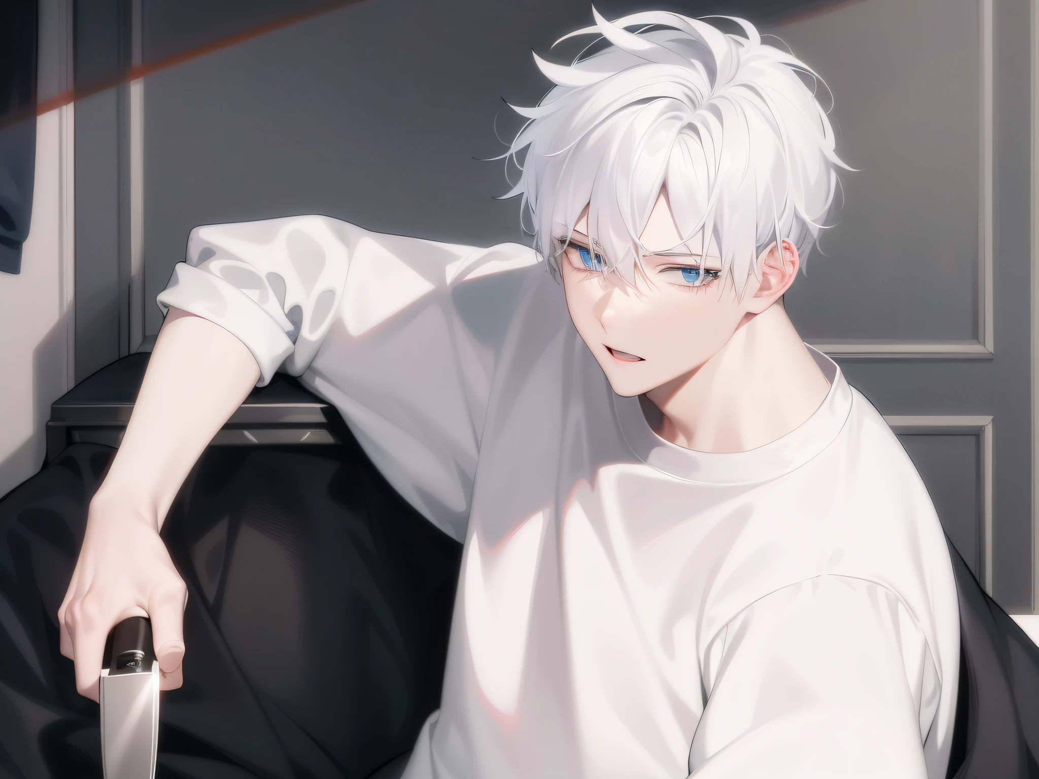 anime - style image of a man with cheveux blancs and a knife, cheveux blancsed, Aux cheveux blancs, il a les cheveux gris foncé, cheveux blancsed deity, grand gars d&#39;anime aux yeux bleus, meilleur fond d&#39;écran anime 4k konachan, cheveux argentés, a cheveux argentés mad, style anime masculin, cheveux gris, cheveux blancs, messy wavy cheveux blancs, renard aux cheveux blancs