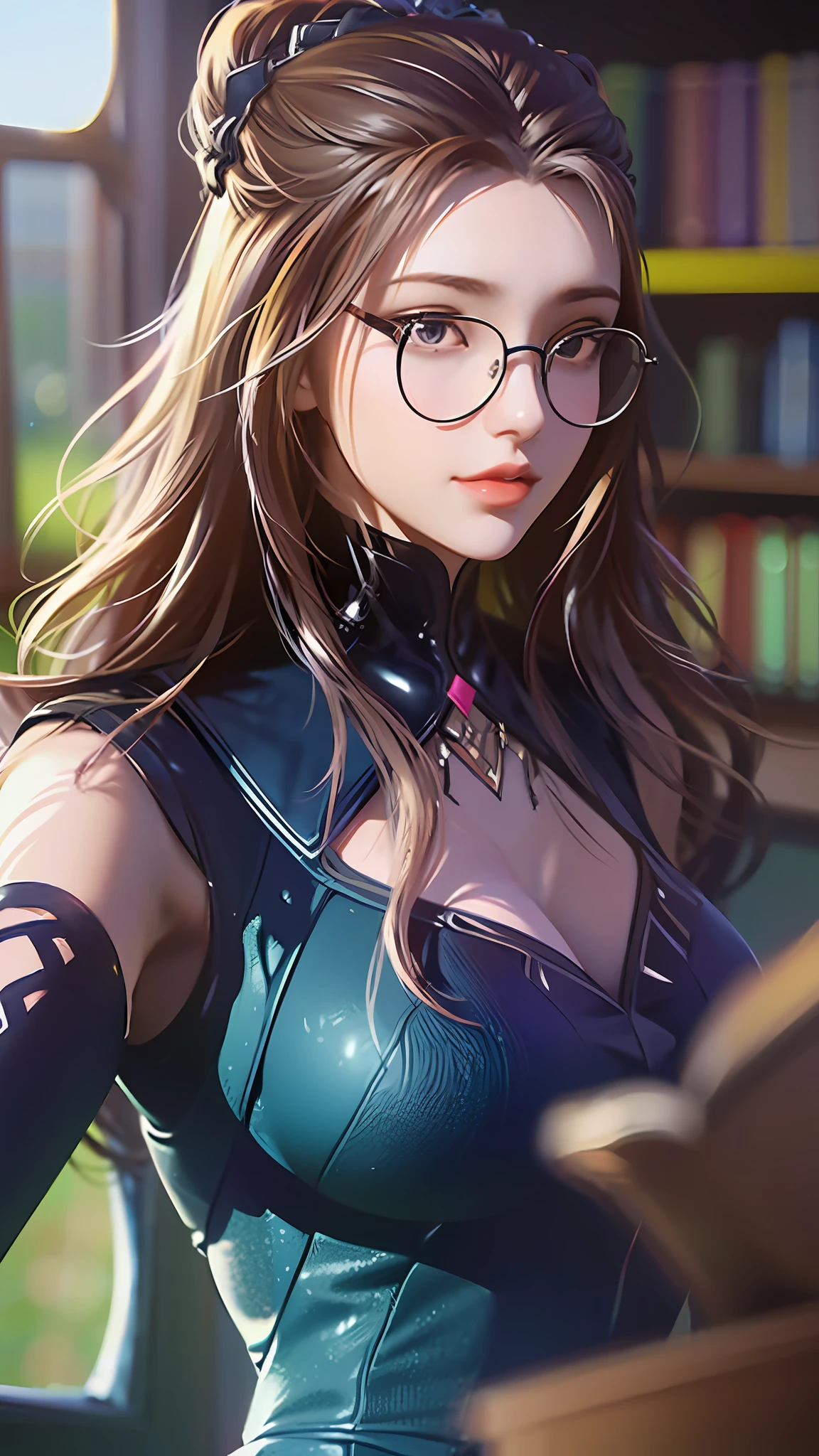 (character detalles + Estilo) profesora, (detalles) medio cuerpo, Sosteniendo monturas de gafas, (efecto lente + Encendiendo + escena) Luz y sombra entrelazadas, Por la ventana, El sol es cálido, Las flores son verdes, Las estanterías son deslumbrantes, Los escritorios de los estudiantes están salpicados de papelería y libros de texto, y el aire del aula es fresco.