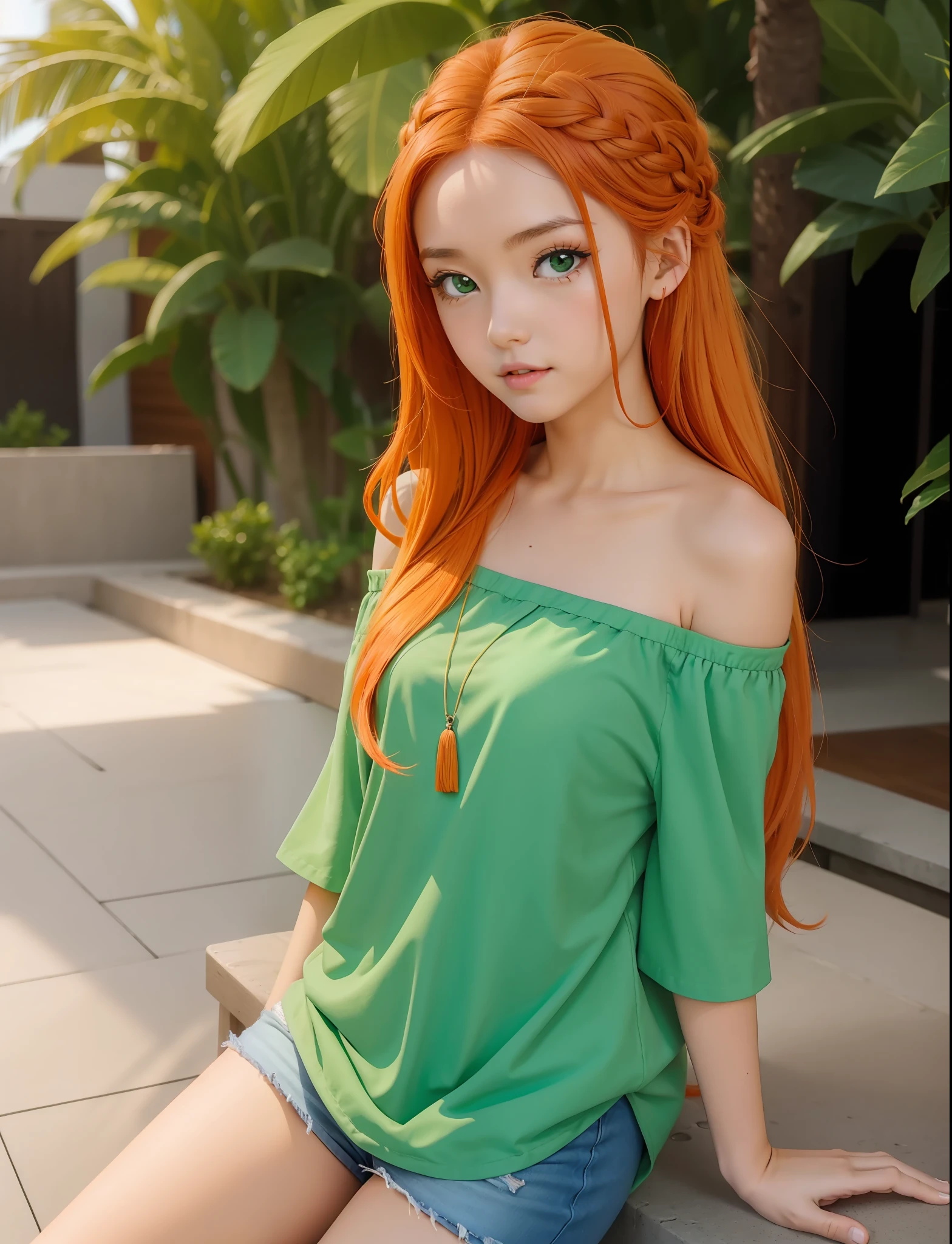 chibi, xyzsam, 1girl, solo, long hair, long hair, scene, orange hair, green eyes, perfect skin,
casual clothes, off shoulder