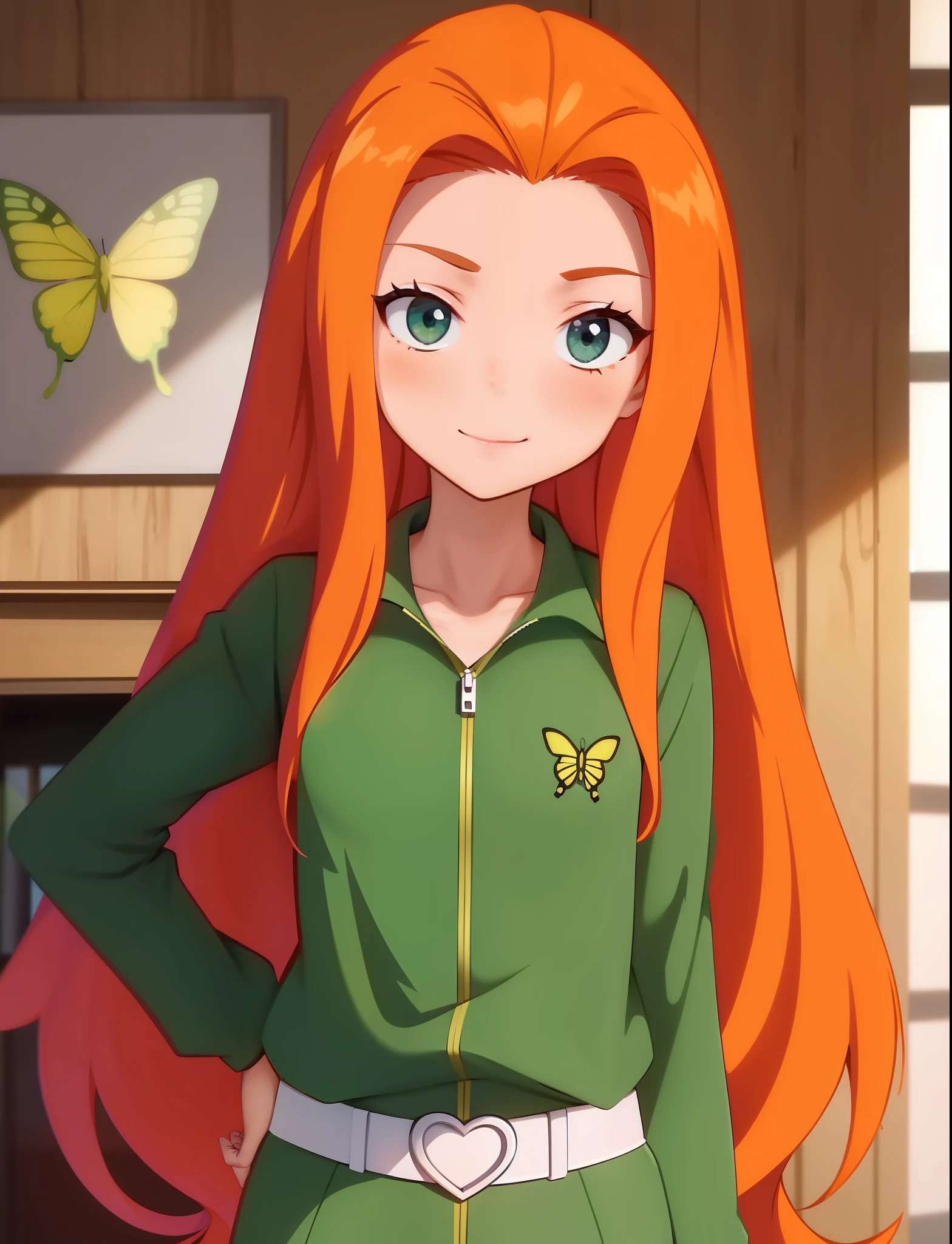 xyzsam, 1girl, solo, long hair, long hair, looking at viewer, masterpiece, beautiful, portrait, orange hair, green eyes, happy, perfect skin, young, skinny, heart
jump suit, green clothes, belt, 
butterfly, bubblegum