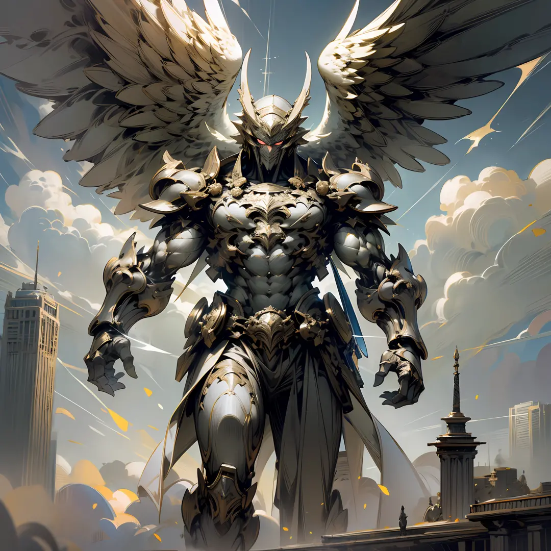 (work of art), (best quality: 1.3), An epic painting of a man on a hill looking at a powerful giant angel with a sword about to destroy a city, make the painting highly detailed, utilize volumetric and cinematic lighting, use a highly large scale and a sup...